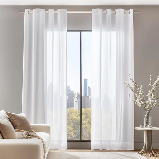 Weiße Voile-Vorhänge (2er-Set) – Transparente Ösen-Paneele für Wohnzimmer, 245 x 140 cm